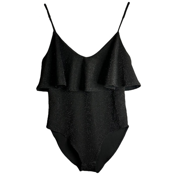 Zara Black Knit Metallic Glitter Ruffle Flounce Bodysuit Size‎ Medium 6096/003 - Picture 2 of 15
